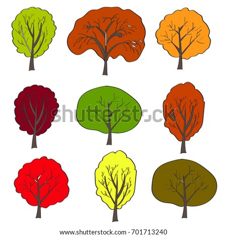Set of bright autumn trees on a  white background, autumn forest, a park with different trees painted in a naive style. Freehand drawing vector with doodles pattern.
