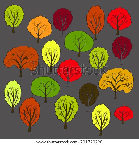 autumn trees on a gray background, autumn forest, a park with different trees painted in a naive style. Freehand drawing vector  with doodles. modern  pattern.
 