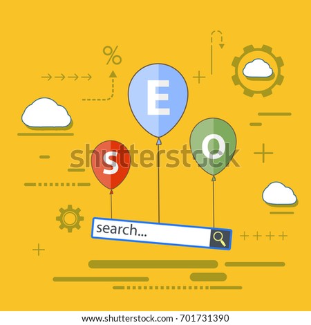 SEO optimization. Balloons with analytics search information. Flat infographics. Stock vector icon illustration.