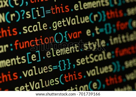 Real Java Script code developing screen. Programing workflow abstract algorithm concept. Closeup of Java Script and HTML code.