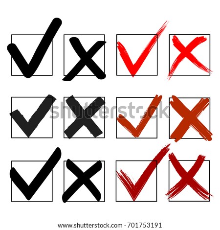 Hand Drawn Check Marks in Red & Black. Choice Concept. Vector Illustration