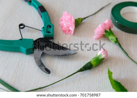 Floristics hobby and work. Floral bouquet making process. Minimalistic background with copy space. Three pink carnations and green garden pruner on white table.