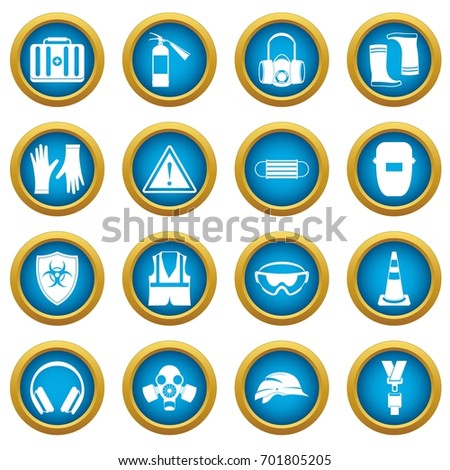 Safety icons blue circle set isolated on white for digital marketing