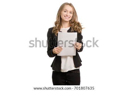 Beautiful young business woman with a paper on a white background isolated