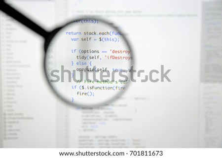 Real Java Script code developing screen. Programing workflow abstract algorithm concept. Closeup of Java Script and HTML code.