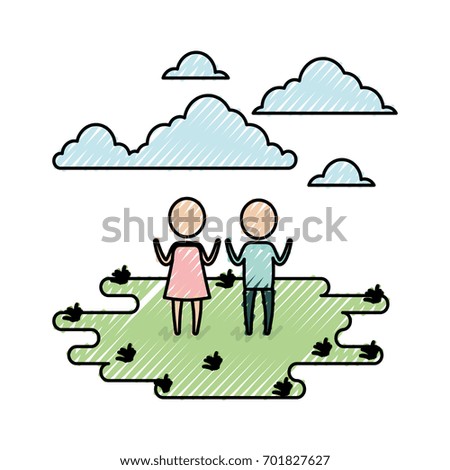 color crayon silhouette sky landscape and grass with pictogram couple girl and boy vector illustration