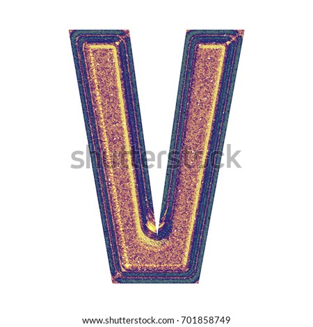 Retro color glittery glowing bronze metallic uppercase or capital letter V in a 3D illustration with a sparkling stamped ink effect and faded color isolated on a white background with clipping path.