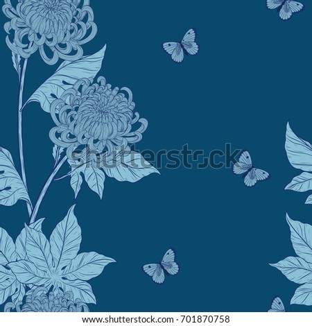 Chrysanthemum pattern onvintage  background.Flower wallpaper by hand drawing.Butterfly with flower vintage wallpaper vector.