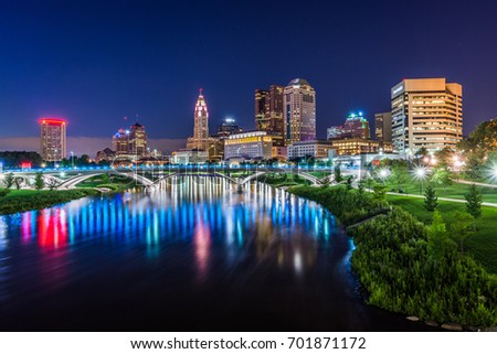 Skyline of Columbus, Ohio from Bicentennial Park bridge at Night