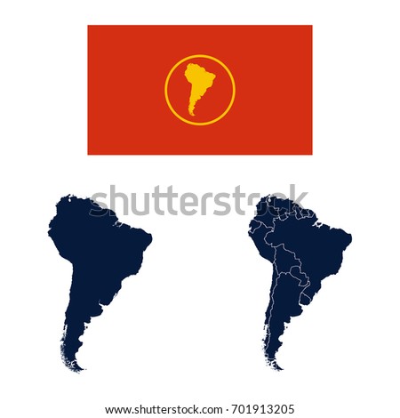 Navy Blue South America Map and Flag isolated on white background. Vector illustration eps 10.