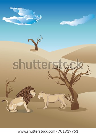 African savannah landscape with couple of lions.