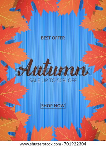 Autumn. Sale banner with maple leaves frame and trendy Autumn brush lettering. Seasonal Fall sale card.