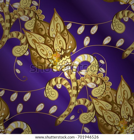 Flat hand drawn vintage collection. Backdrop, fabric, gold wallpaper. Golden pattern on lilac background with golden elements. Golden ornamental pattern.