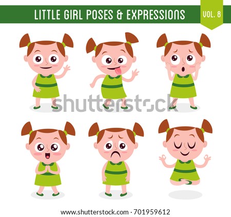 Character design set of a cute little white girl in different poses. Cartoon style illustration, isolated on white background. Body gestures and facial expressions. Vector illustration. Set 8 of 8.