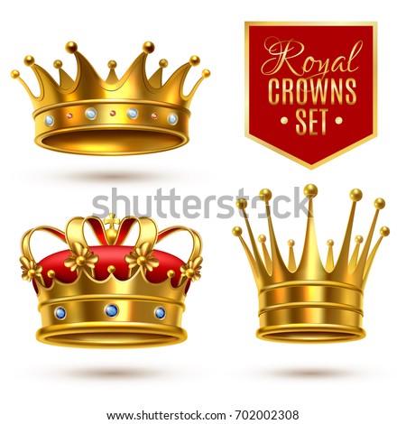 Colored realistic royal crown icon set with gold gems and red textile vector illustration