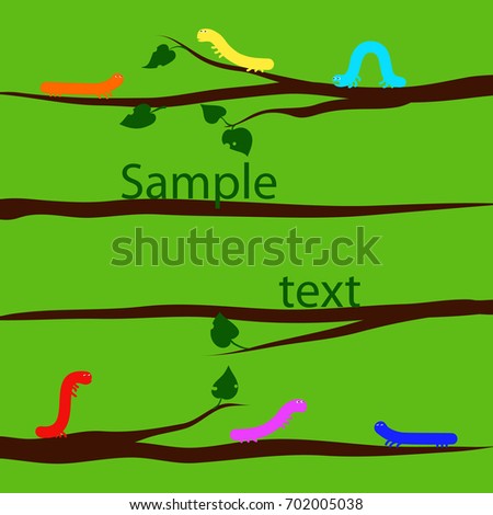 Multicolored caterpillars creep. Funny caterpillars on branches, vector illustration