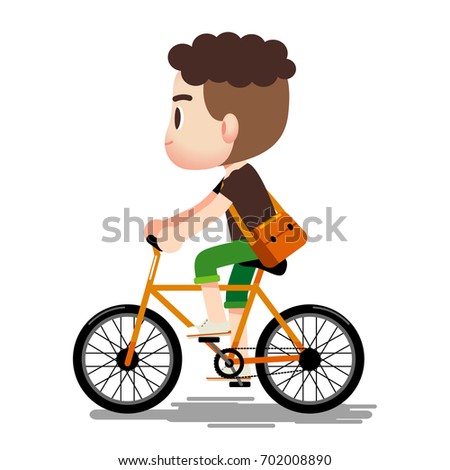 Vector illustration of male, man, guy character riding bicycle isolated on white background.