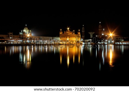 The world famous Golden Temple in Amritsar, India by the night. 