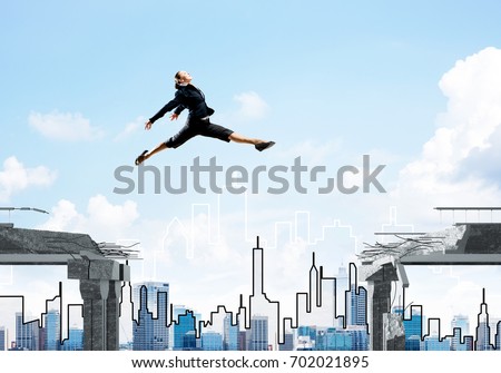 Business woman jumping over gap in concrete bridge as symbol of overcoming challenges. Cityscape on background. 3D rendering.