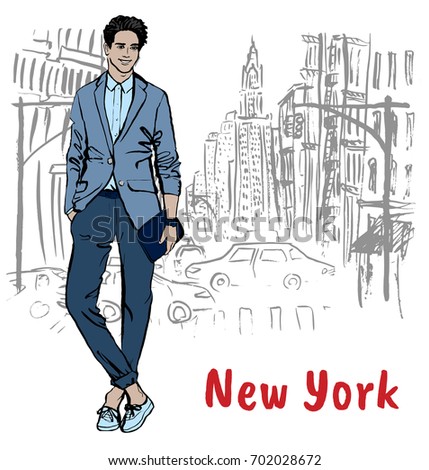Young man in New York, USA. Fashion illustration