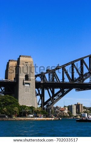 A part of Harbour bridge with river view and blue sky on background