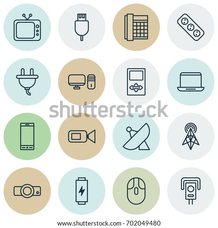 Icons Set. Collection Of Extension Cord, Notebook, Socket And Other Elements. Also Includes Symbols Such As Signal, Video, Presentation.