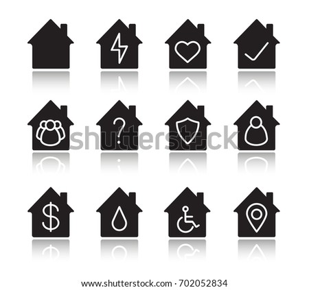 Houses drop shadow black glyph icons set. Home buildings with lightning, heart, tick and question marks, people, wheelchair, protection shield, dollar sign inside. Isolated vector illustrations