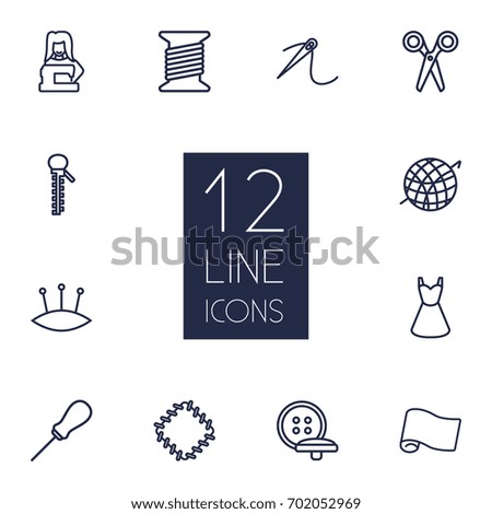 Set Of 12 Tailor Outline Icons Set.Collection Of Bobbin, Pincushion, Zipper And Other Elements.