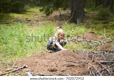 Child blond girl exploring anthill in the woods. 