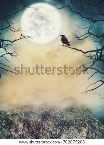 Halloween background. Spooky cloudy sky with moon and dead trees