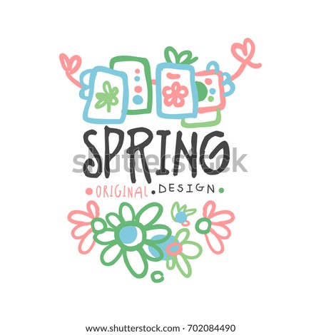 Spring logo template original design with flowers, colorful hand drawn vector Illustration