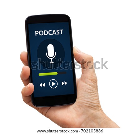 Hand holding a black smart phone with podcast concept on screen. Isolated on white background. All screen content is designed by me.