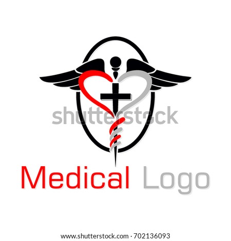 red grey heart shape with medical cross logo vector with wings and oval frame