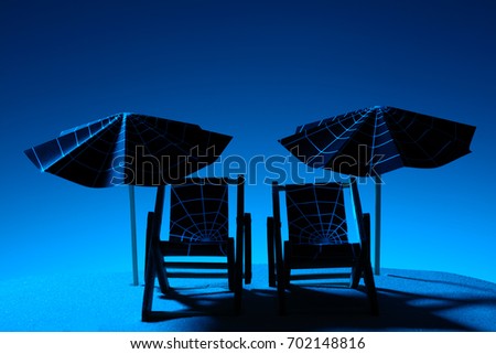 Two beach chairs and umbrellas with web pattern in moonlight on beach