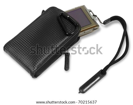 Small compact digital camera being stored in a pouch for protection
