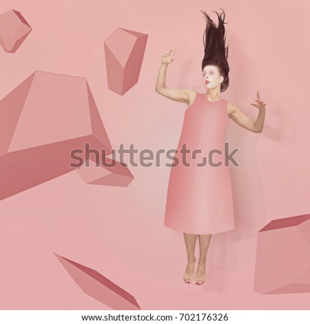 flying pink girl between blocks