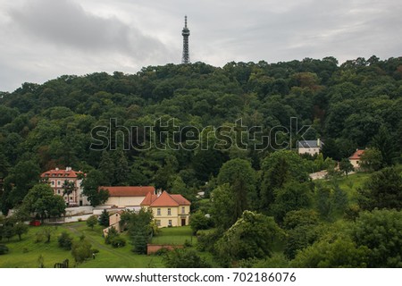Panoramic view of Lookout Tower (1891), Petrin Hill Park, Prague, Czech Republic resembling Eiffel tower