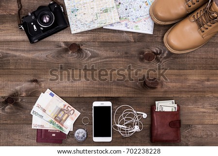 Overhead view of Traveler's accessories, Essential vacation items, Travel concept background