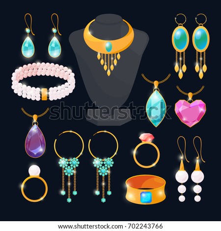 Luxury accessories for jewelry. Rings of gold, diamonds, ruby. Vector pictures set isolate. Gold and jewelry luxury, diamond and golden ring accessory illustration