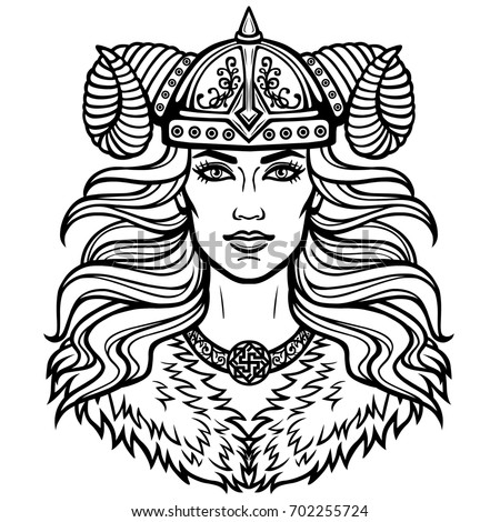 Portrait of the beautiful young woman Valkyrie in a  horned helmet. Pagan goddess, mythical character. Vector illustration isolated on a white background. Print, poster, t-shirt, card. 