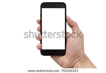 Man right hand holding black smartphone with blank screen, isolated on white background