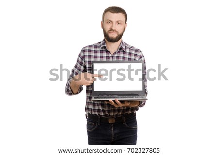 Man in shirt with laptop isolated on white background isolation
