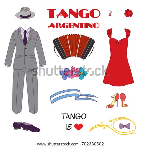 Hand drawn vector illustration with argentine tango design elements - bandoneon, dancing shoes and vintage clothes, text, flowers. Isolated objects on white background. Concept for dancing.