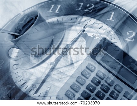Business design background with clock, world map, calculator and cup of coffee Royalty-Free Stock Photo #70233070