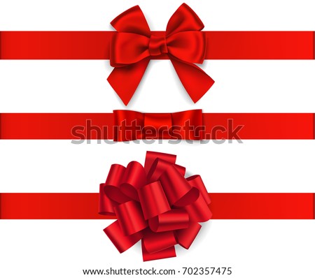 Decorative red bow with horizontal red ribbon isolated on white. Vector set of bows for page decor Royalty-Free Stock Photo #702357475