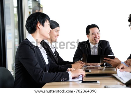 Businesspeople discussing together  about new project in conference room at office,Communication Teamwork Concept white background