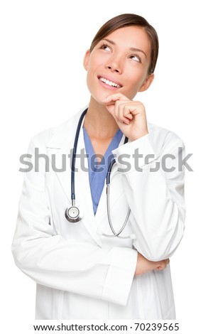 Thinking medical doctor thinking looking up smiling. Multiracial Asian / Caucasian woman medical professional isolated on white background.