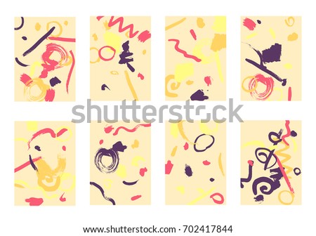 Set of 8 Cover Templates. Bright Abstract Backgrounds for Greeting Cards, Invitations, Posters, Banners. Creative Universal Cards. Hand Drawn Textures with Colorful Brush Strokes.