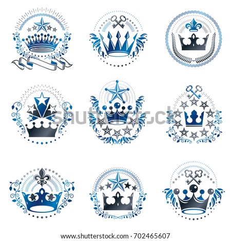 Ancient Crowns emblems set. Heraldic design elements collection. Retro style label, heraldry logo.