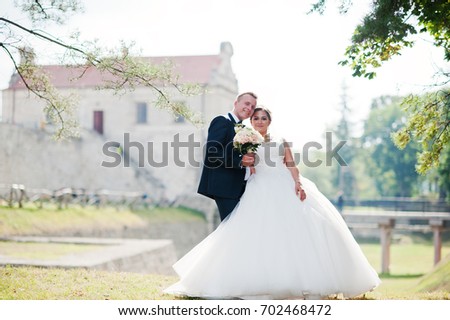 Fantastic wedding couple posing on the hill with a marvellous view at an ancient castle.